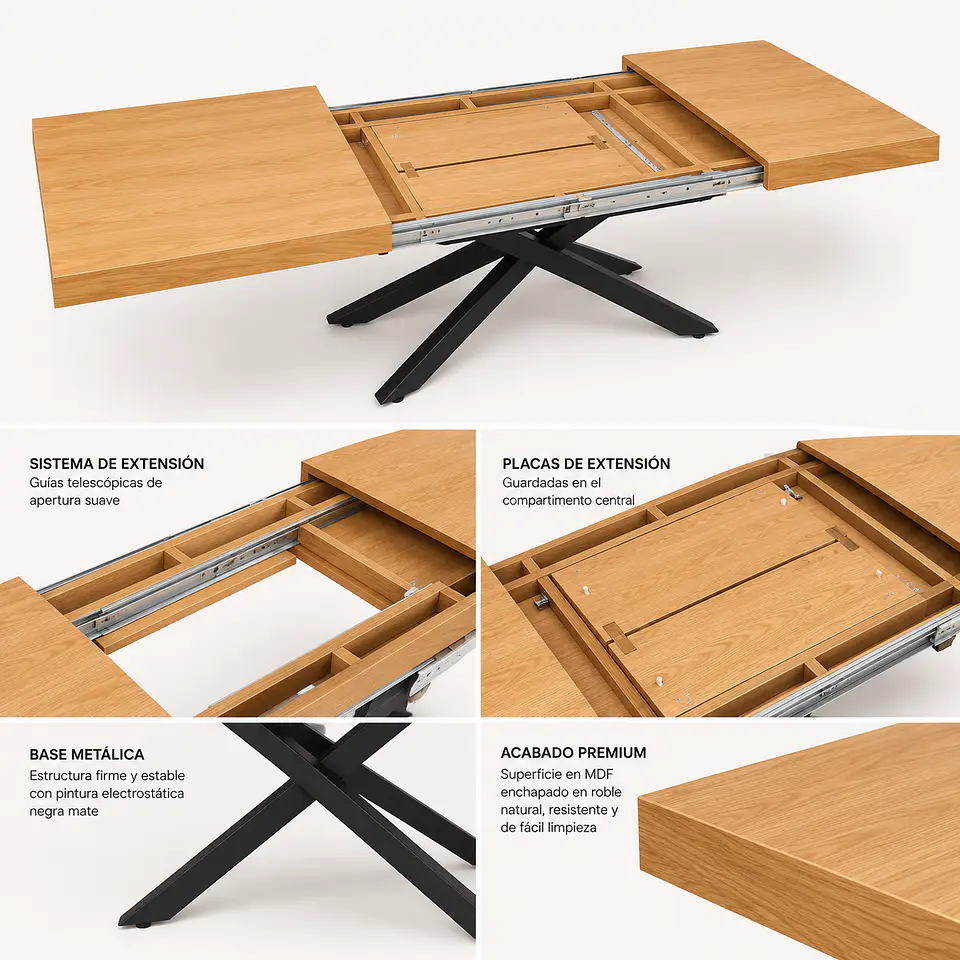 Mesa Nagam Extensible Rectangular 3 en 1 Base Negro 10