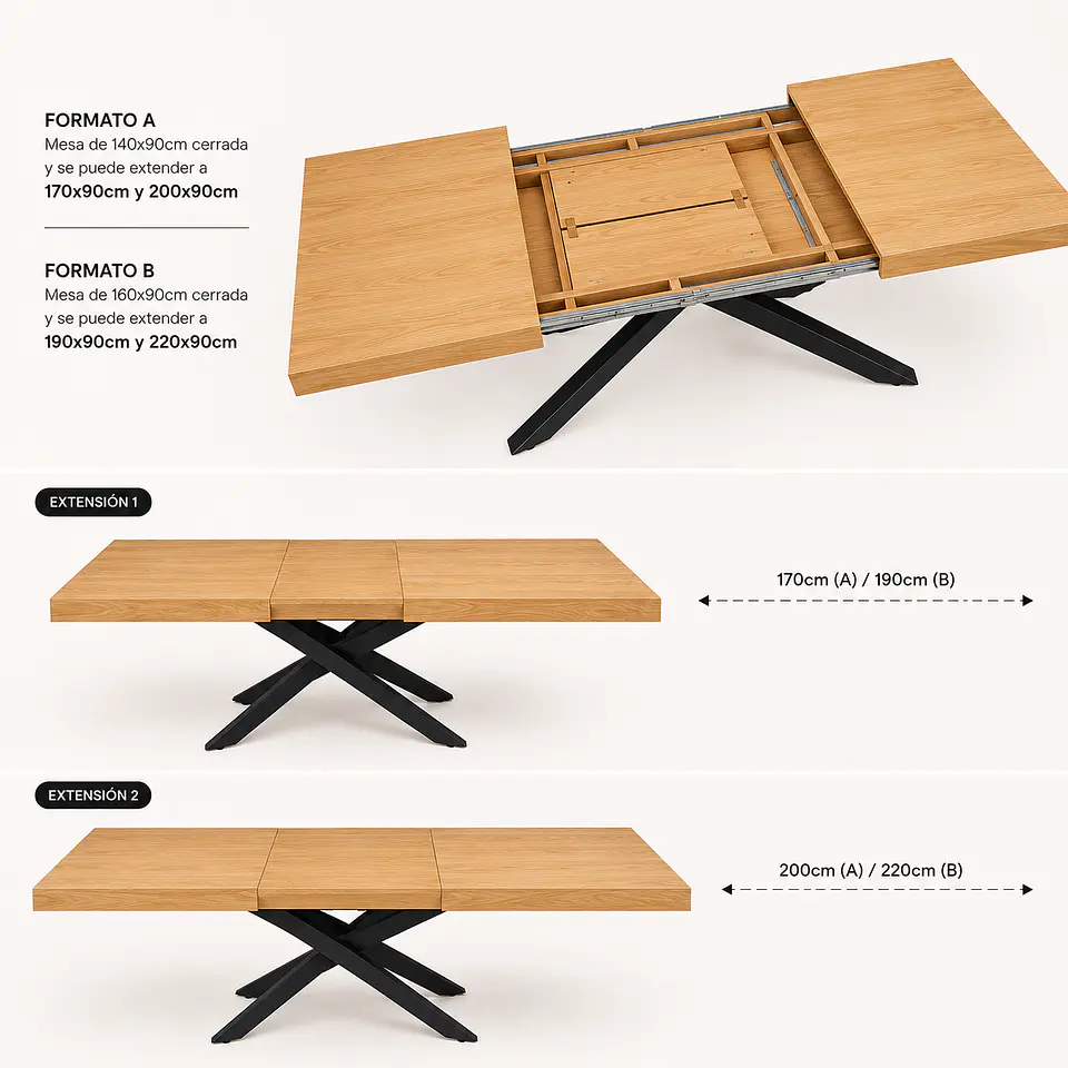 Mesa Nagam Extensible Rectangular 3 en 1 Base Negro 12