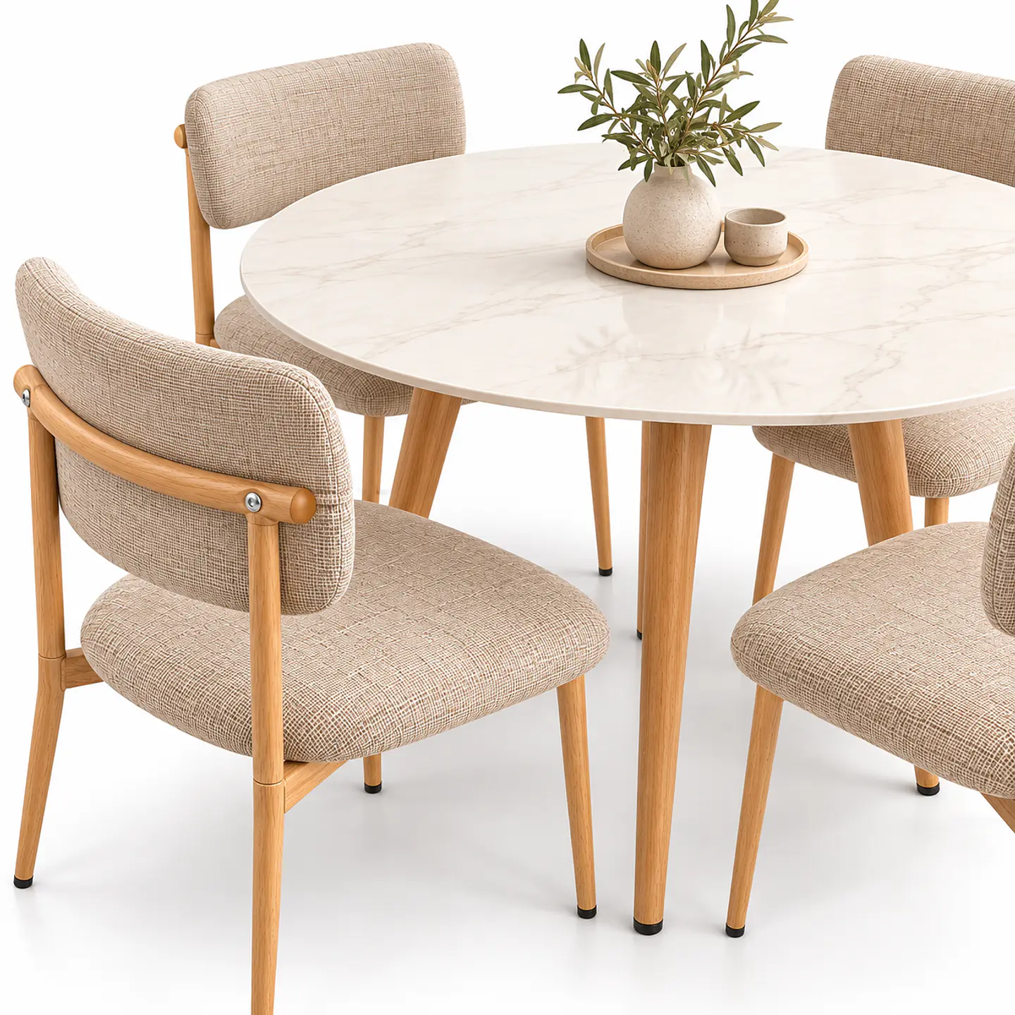 Set de Comedor Redondo de Cuarzo Calacatta Soft + 4 Sillas Kana de Lino 4