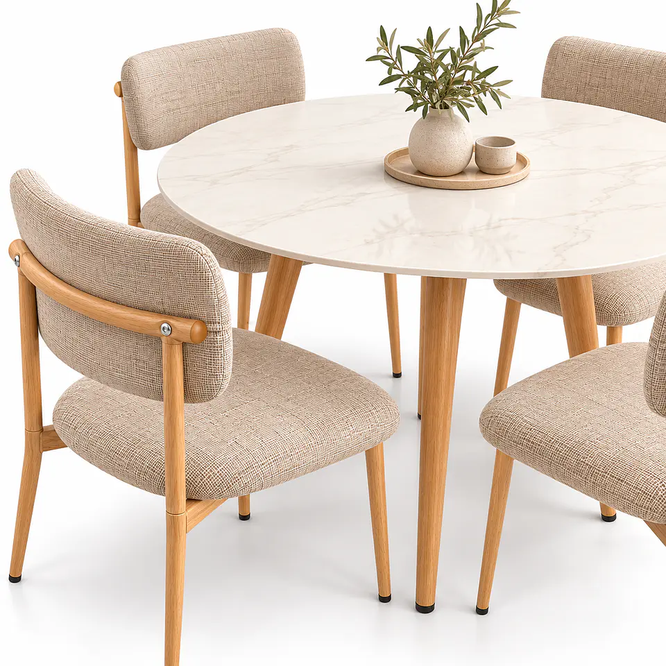 Set de Comedor Redondo de Cuarzo Calacatta Soft + 4 Sillas Kana de Lino 4