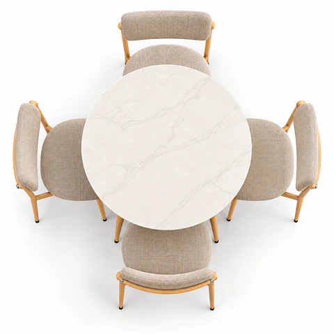 Set de Comedor Redondo de Cuarzo Calacatta Soft + 4 Sillas Kana de Lino