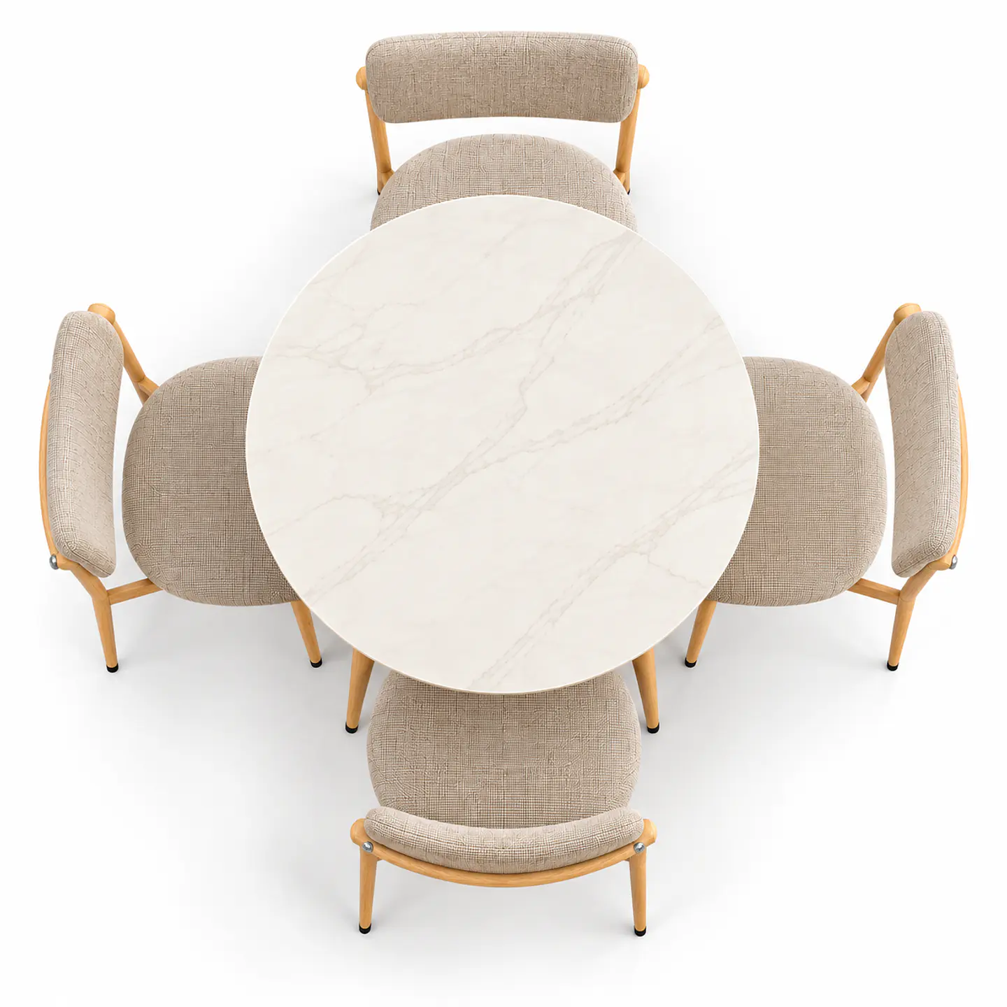 Set de Comedor Redondo de Cuarzo Calacatta Soft + 4 Sillas Kana de Lino 2
