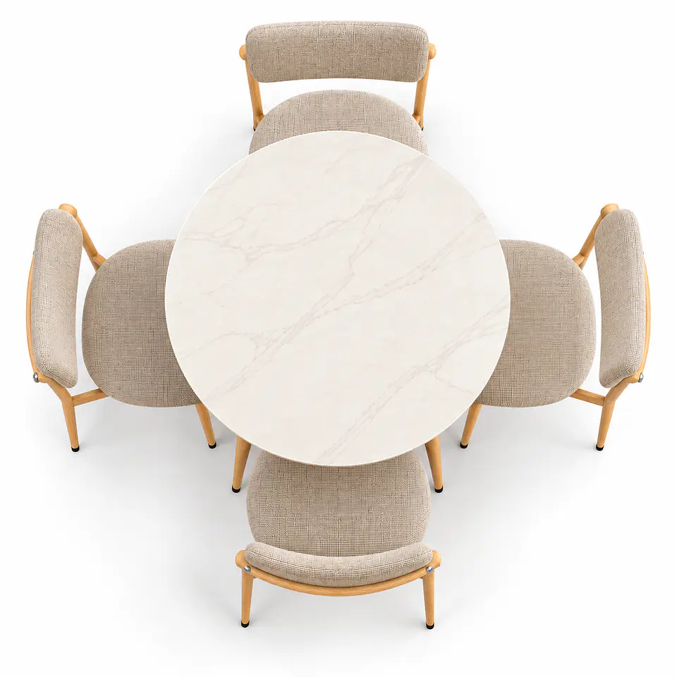 Set de Comedor Redondo de Cuarzo Calacatta Soft + 4 Sillas Kana de Lino 2