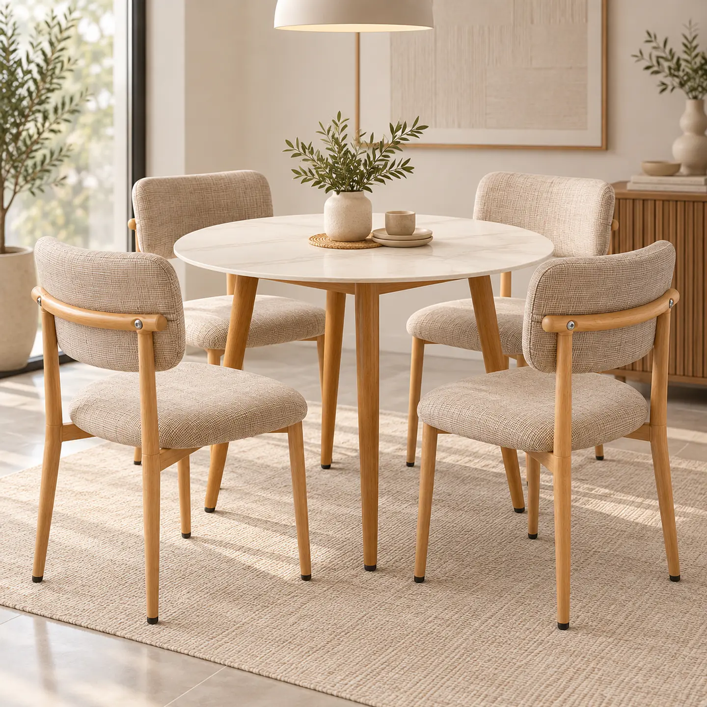 Set de Comedor Redondo de Cuarzo Calacatta Soft + 4 Sillas Kana de Lino 3