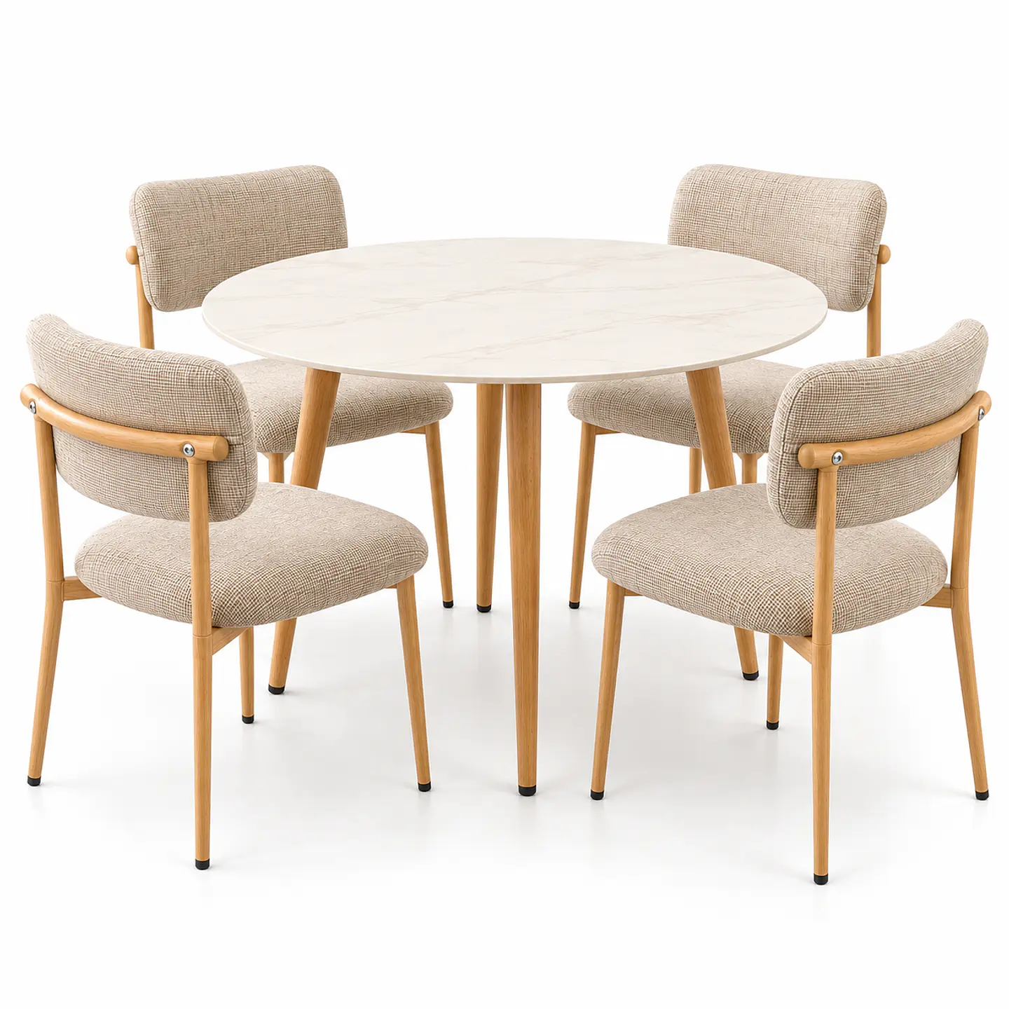 Set de Comedor Redondo de Cuarzo Calacatta Soft + 4 Sillas Kana de Lino 1
