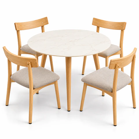 Set de Comedor Redondo de Cuarzo + 4 Sillas Yuan de Madera y Lino