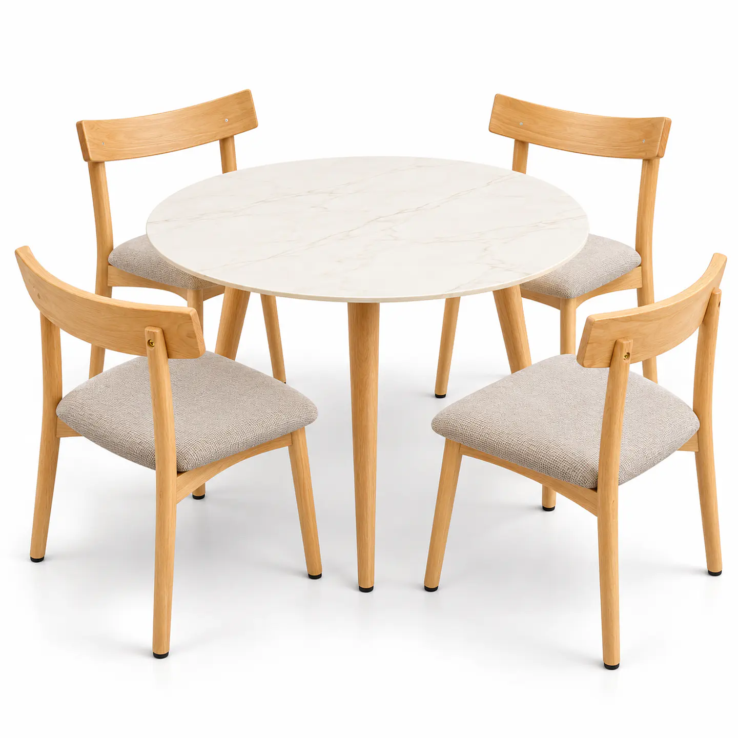 Set de Comedor Redondo de Cuarzo + 4 Sillas Yuan de Madera y Lino 1