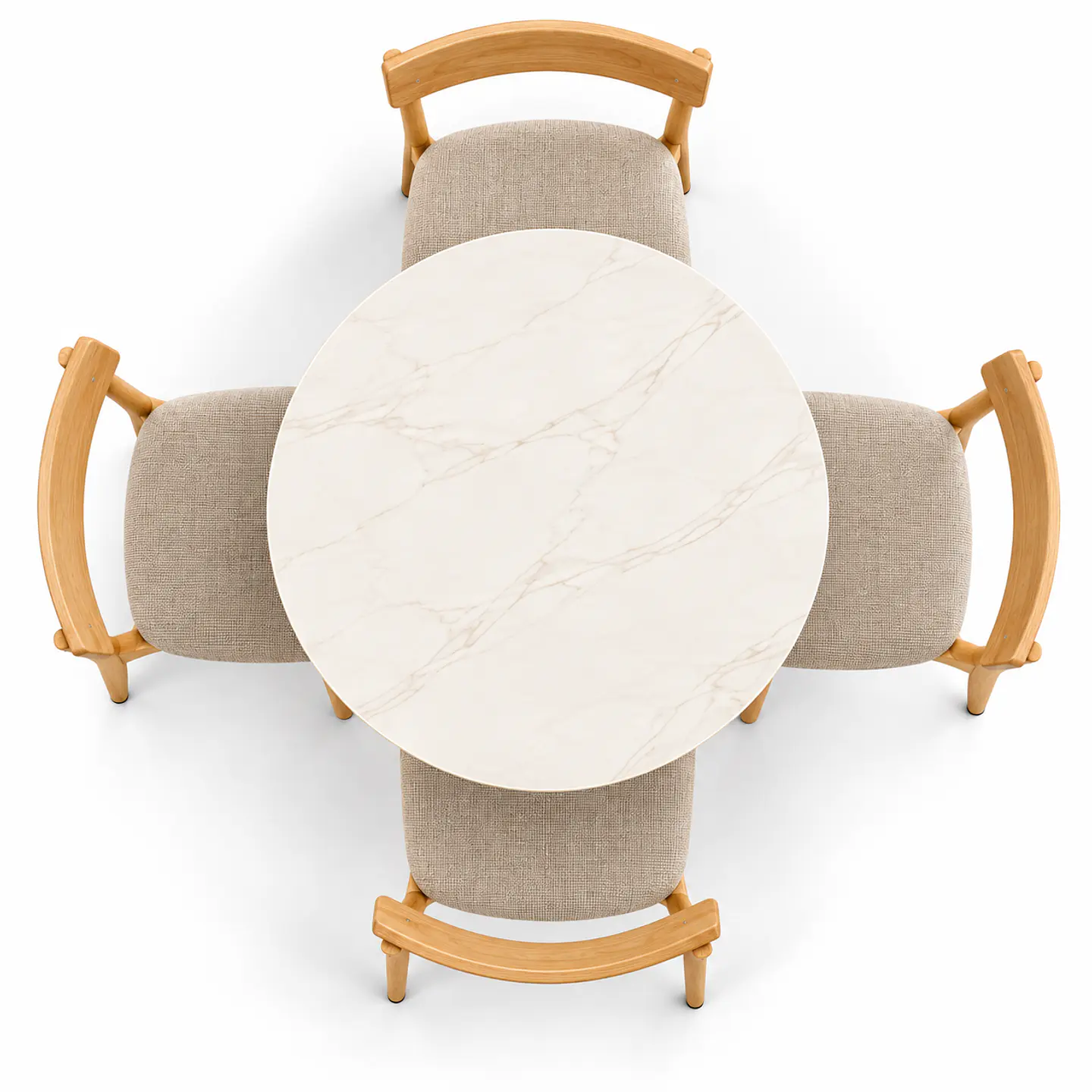 Set de Comedor Redondo de Cuarzo + 4 Sillas Yuan de Madera y Lino 2