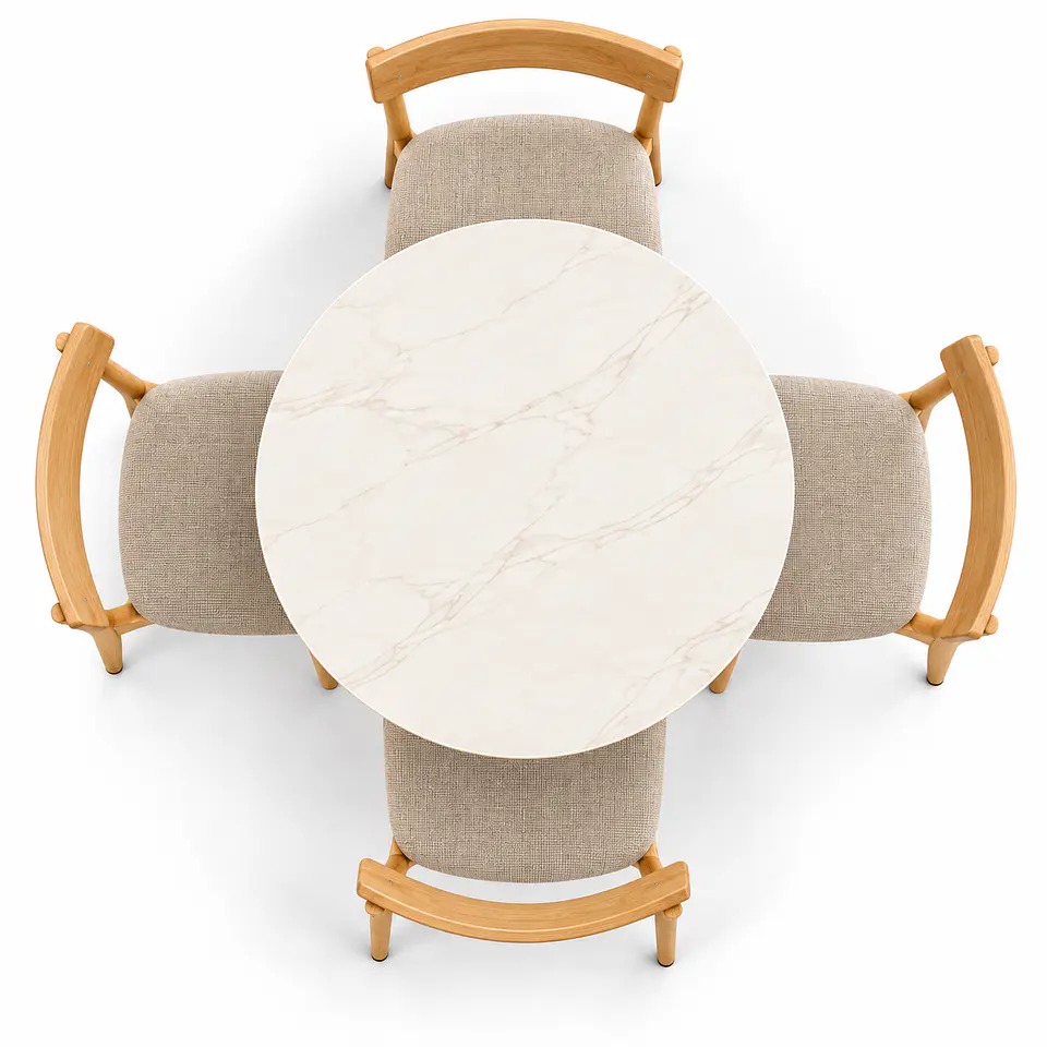 Set de Comedor Redondo de Cuarzo + 4 Sillas Yuan de Madera y Lino 2