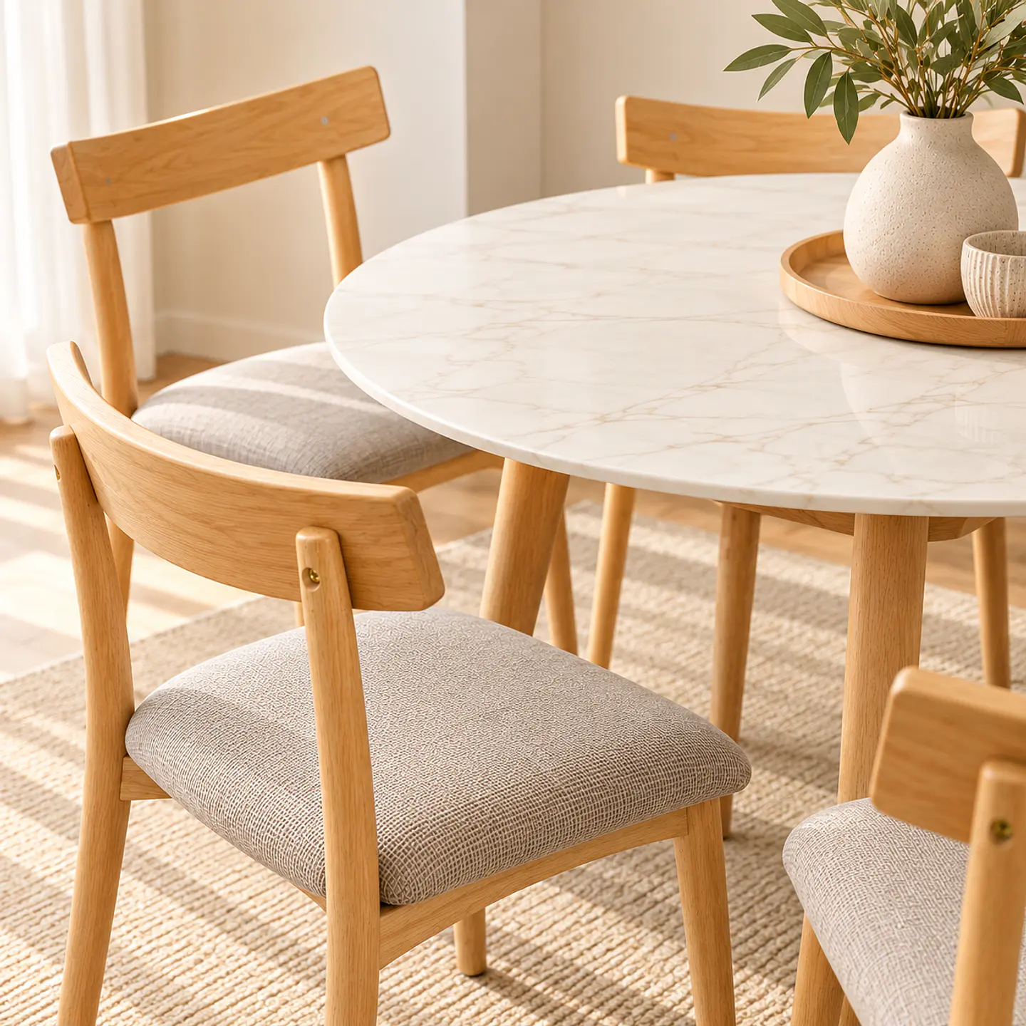 Set de Comedor Redondo de Cuarzo + 4 Sillas Yuan de Madera y Lino 3