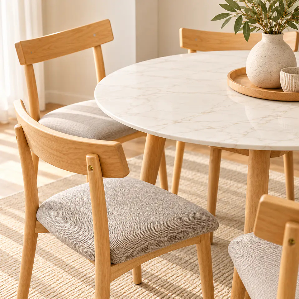Set de Comedor Redondo de Cuarzo + 4 Sillas Yuan de Madera y Lino 3