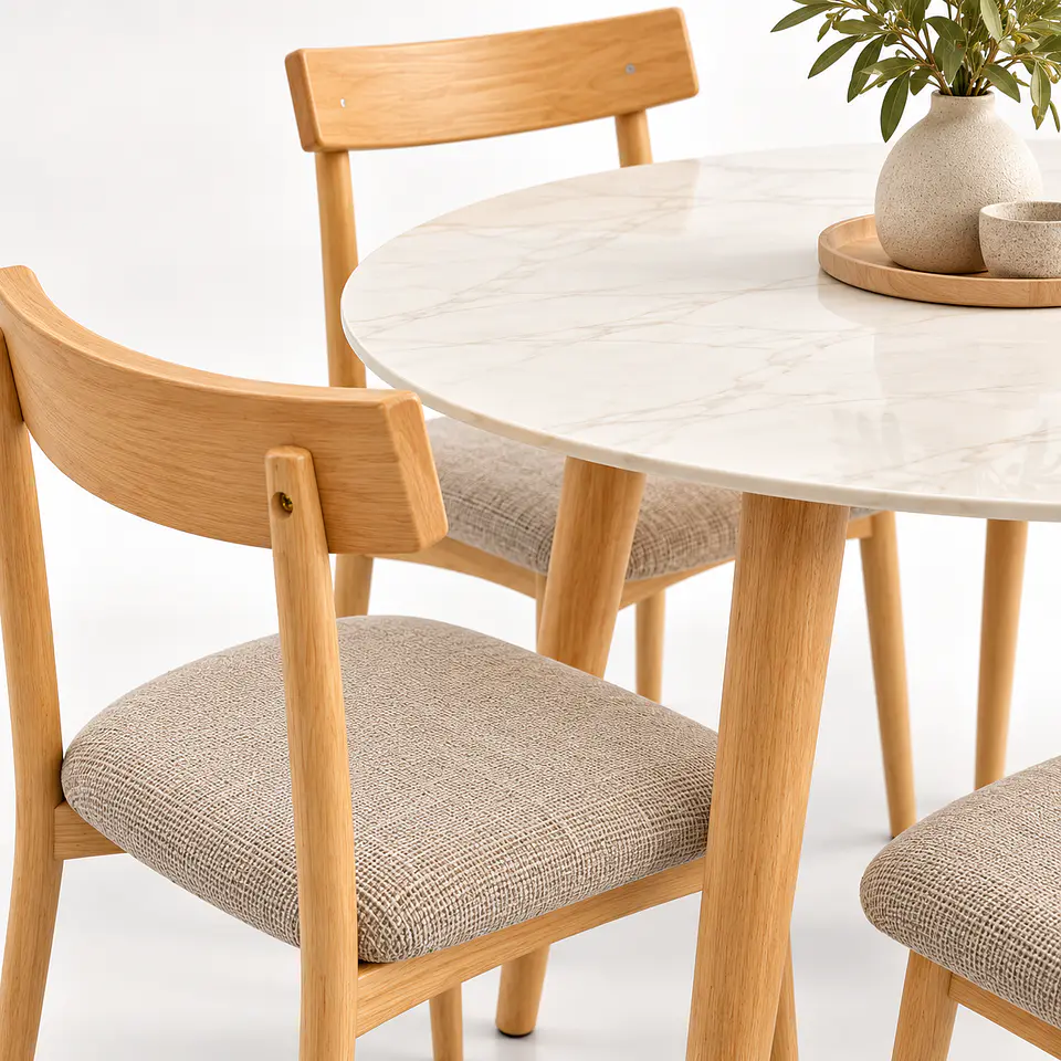 Set de Comedor Redondo de Cuarzo + 4 Sillas Yuan de Madera y Lino 4
