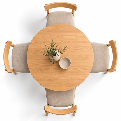 Set de Comedor Redondo Ohmioh de Madera + 4 Sillas Yuan de Fresno y Lino