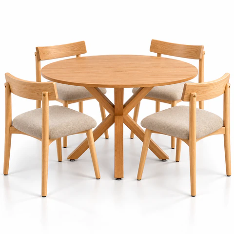 Set de Comedor Redondo Ohmioh de Madera + 4 Sillas Yuan de Fresno y Lino