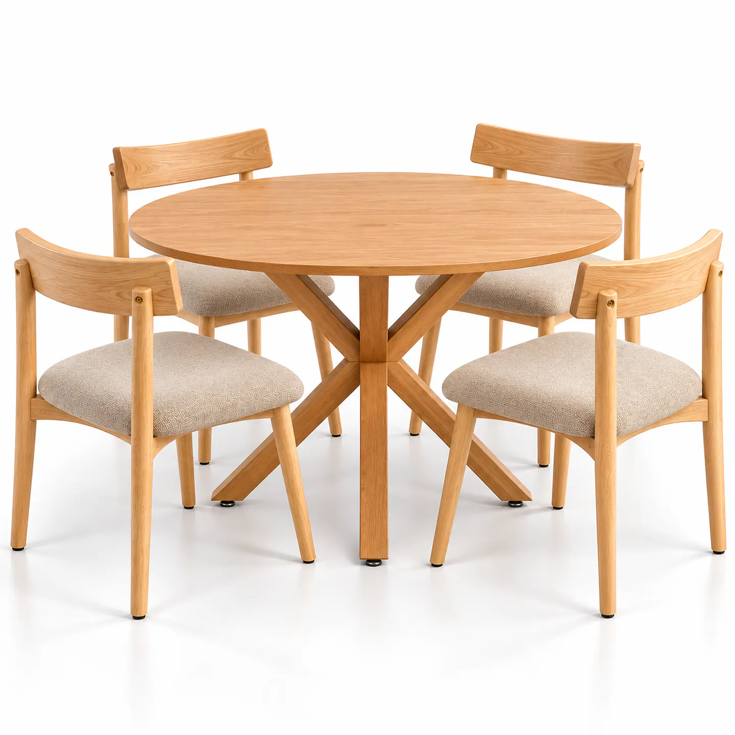 Set de Comedor Redondo Ohmioh de Madera + 4 Sillas Yuan de Fresno y Lino 1
