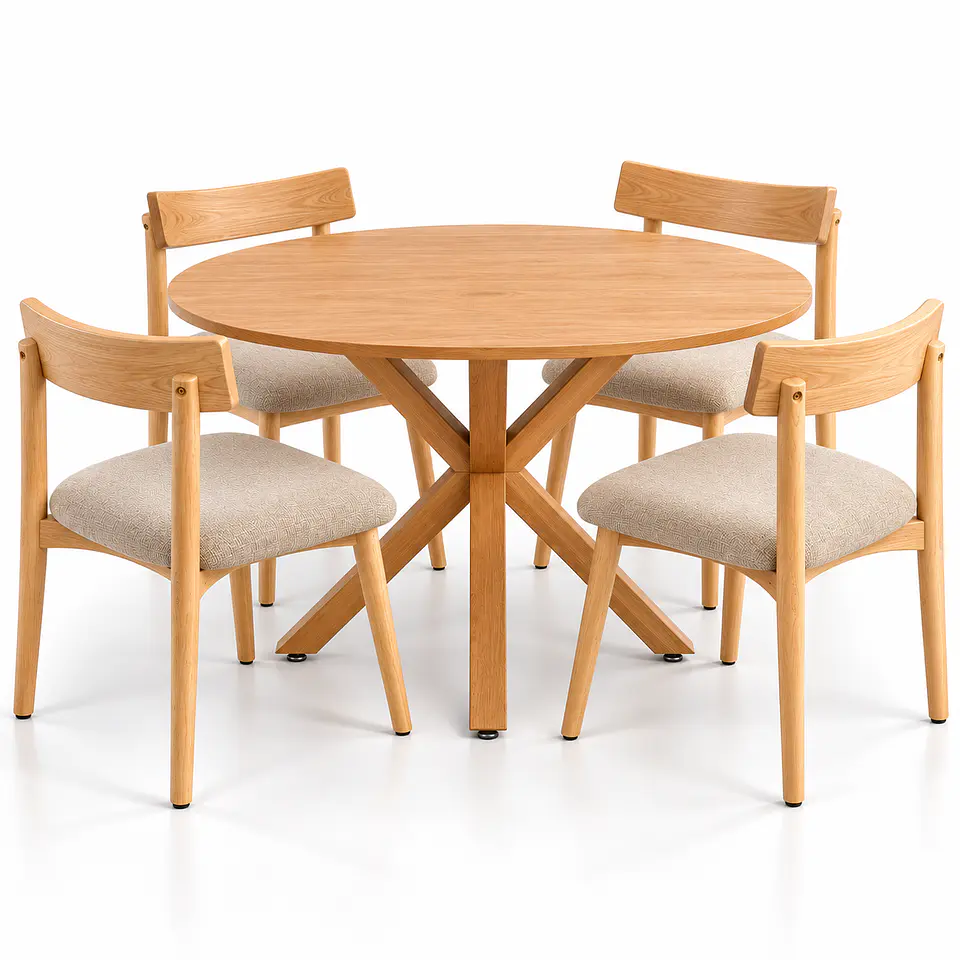 Set de Comedor Redondo Ohmioh de Madera + 4 Sillas Yuan de Fresno y Lino 1