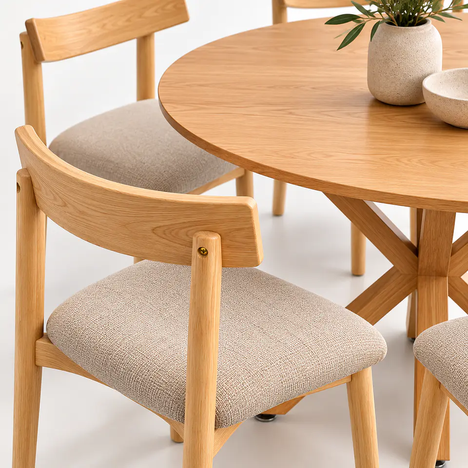Set de Comedor Redondo Ohmioh de Madera + 4 Sillas Yuan de Fresno y Lino 3
