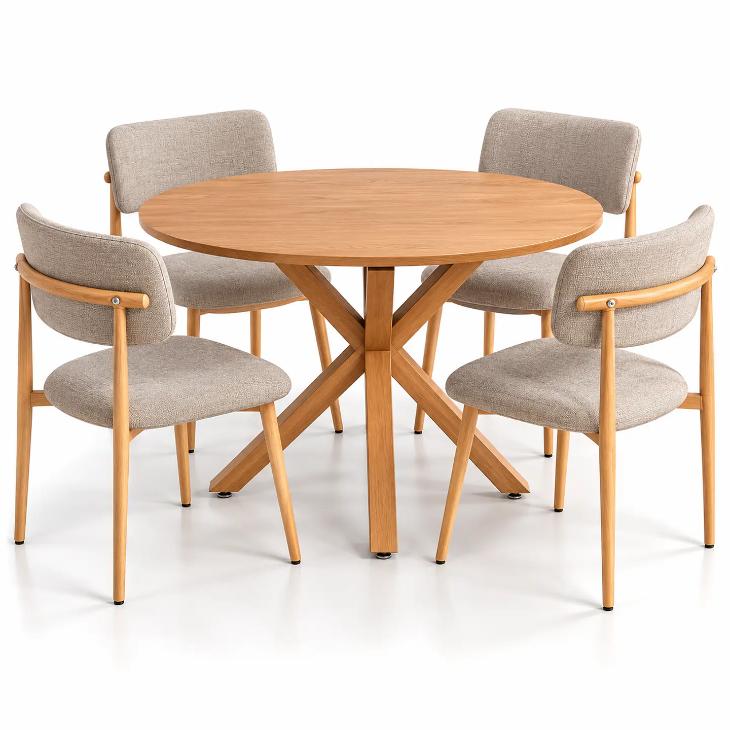 Set de Comedor Redondo Ohmioh de Madera + 4 Sillas Kana de Lino 1