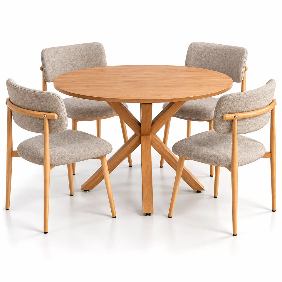 Set de Comedor Redondo Ohmioh de Madera + 4 Sillas Kana de Lino 1