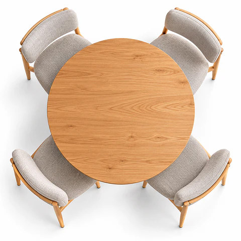 Set de Comedor Redondo Ohmioh de Madera + 4 Sillas Kana de Lino