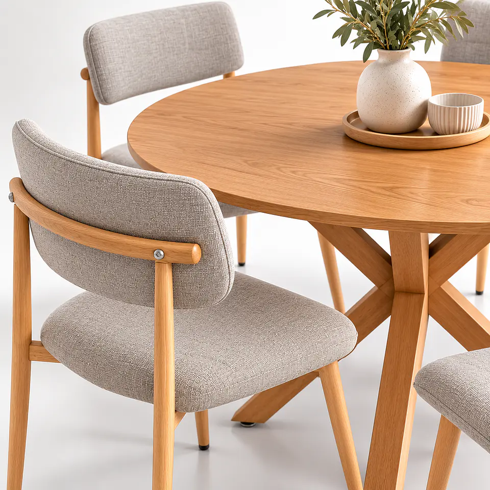 Set de Comedor Redondo Ohmioh de Madera + 4 Sillas Kana de Lino 3
