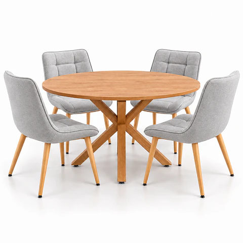 Set de Comedor Redondo Ohmioh de Madera + 4 Sillas Milano Top Oak de Lino