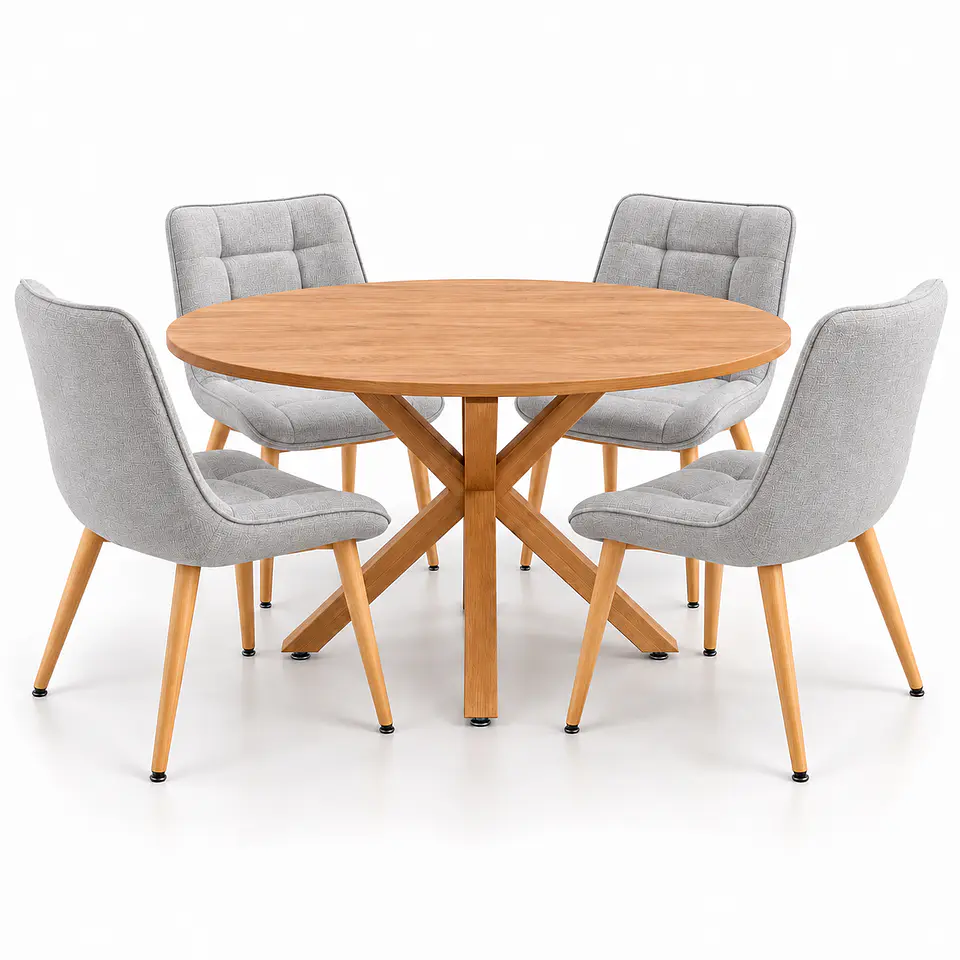 Set de Comedor Redondo Ohmioh de Madera + 4 Sillas Milano Top Oak de Lino 1