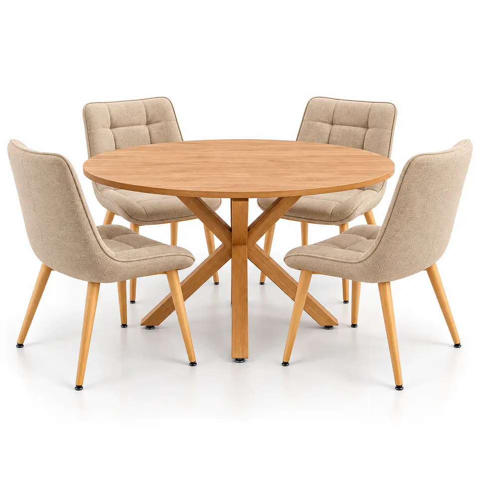 Set de Comedor Redondo Ohmioh de Madera + 4 Sillas Milano Top Oak de Lino 2