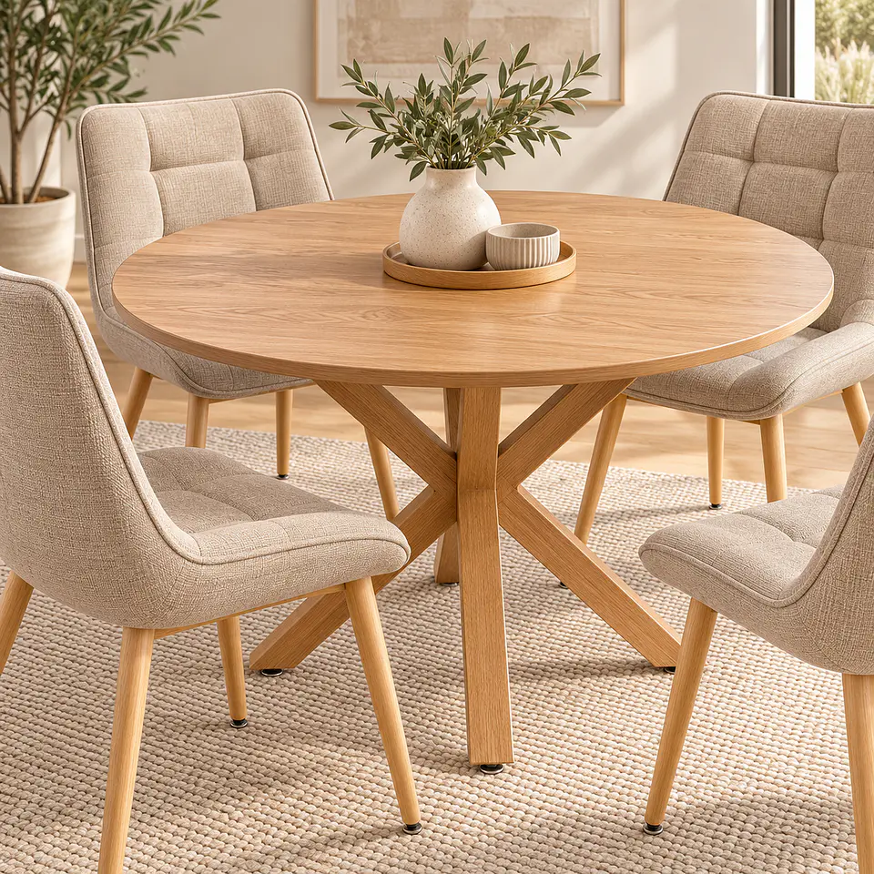 Set de Comedor Redondo Ohmioh de Madera + 4 Sillas Milano Top Oak de Lino 5
