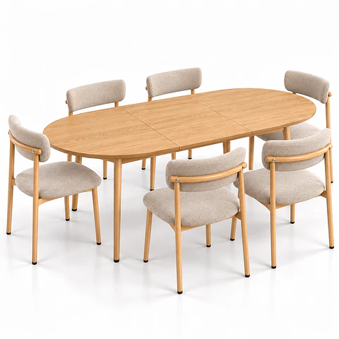 Comedor Extensible Wood 2 en 1 140x80cm a 180x80cm + Sillas Kana Lino Greige