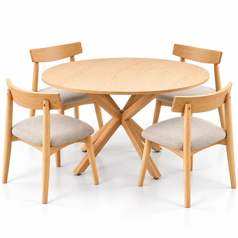 Comedor Redondo Ohmioh Natural + 4 Sillas Yuan de Madera