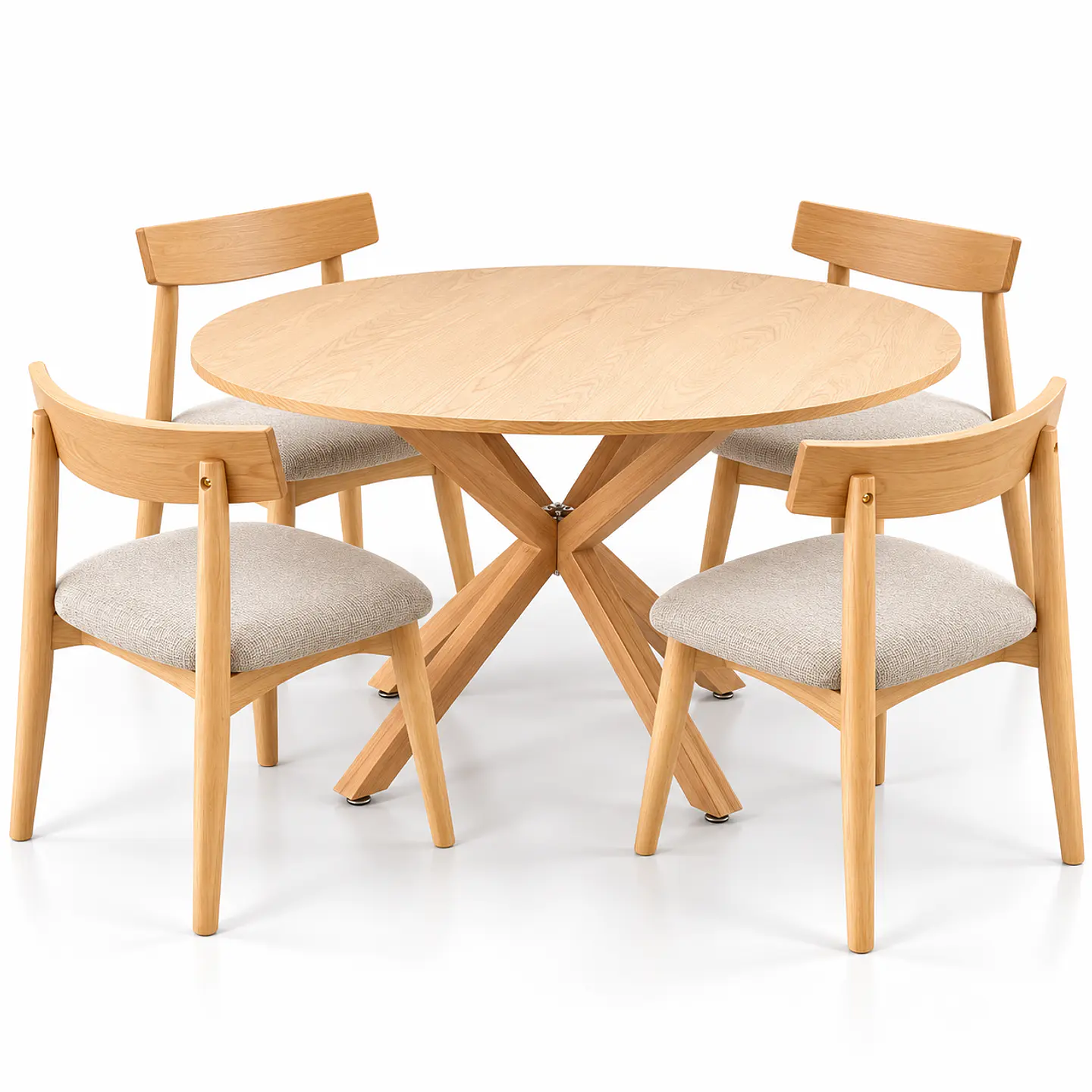 Comedor Redondo Ohmioh Natural + 4 Sillas Yuan de Madera 1