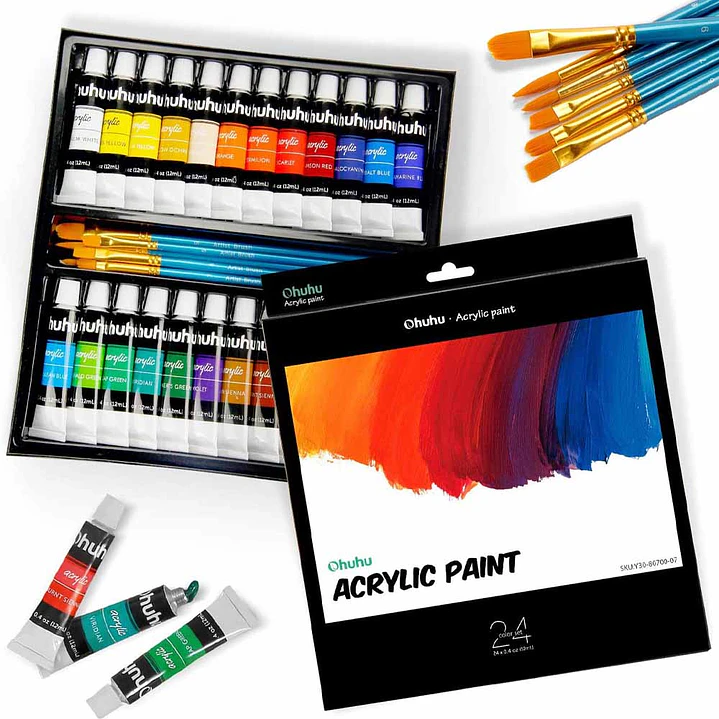 PINTURAS ACRÍLICAS SET 24 TUBOS + 6 PINCELES OHUHU  1