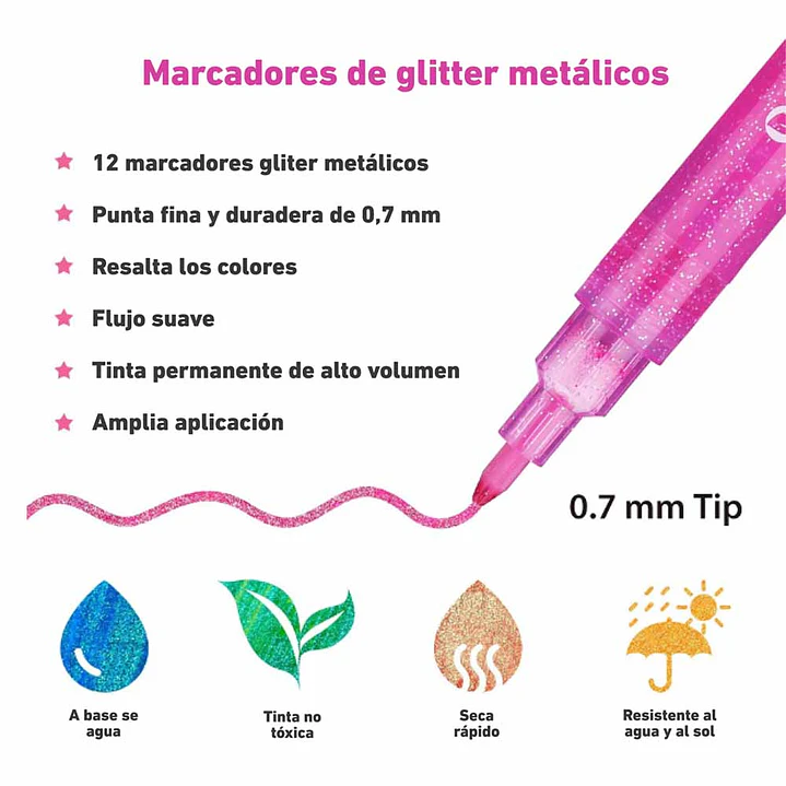 12 MARCADORES GLITTER PUNTA FINA OHUHU 3