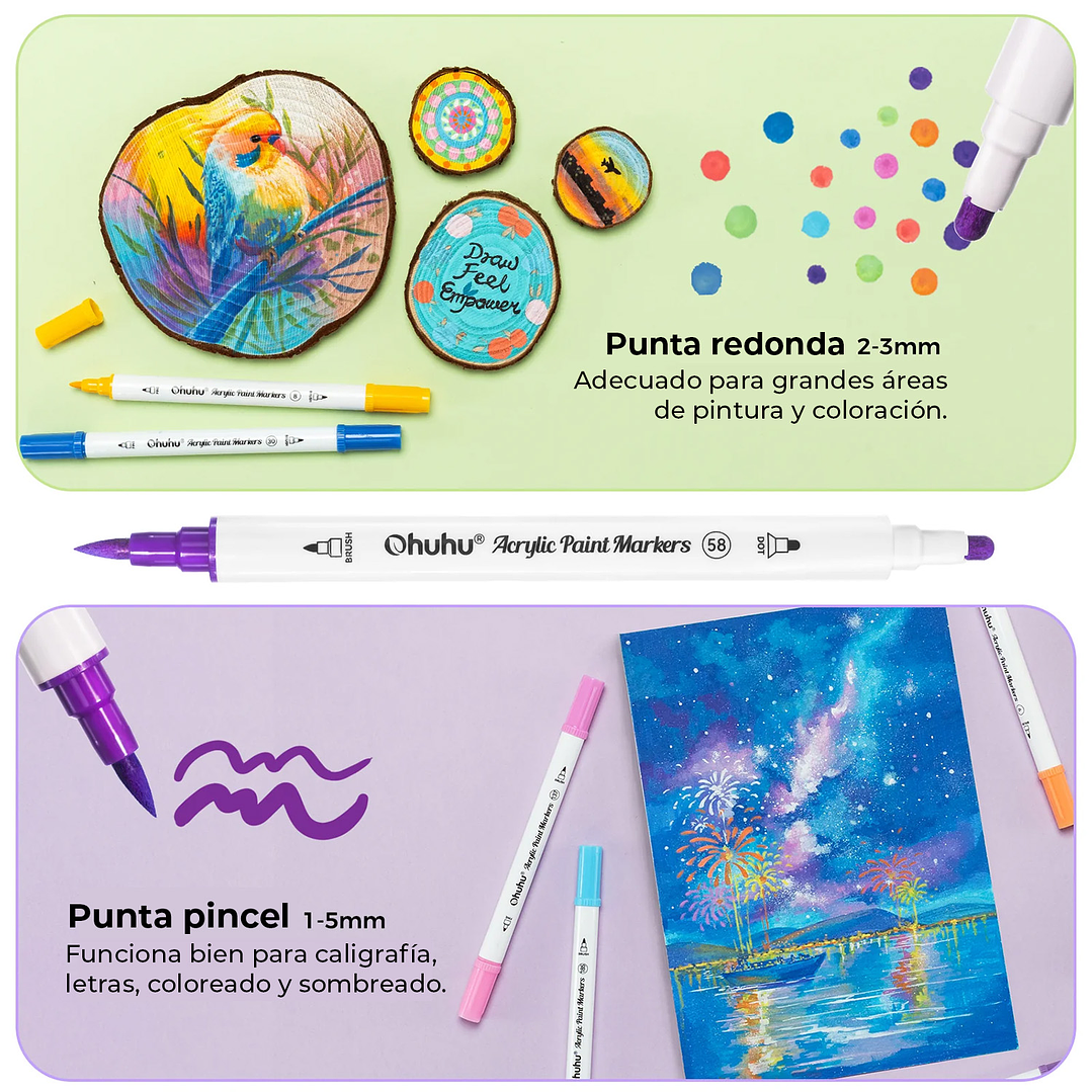AKAKA ESTUCHE 72 MARCADORES ACRÍLICOS OHUHU Pincel Punto 3