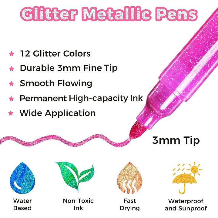 12 MARCADORES GLITTER PUNTA GRUESA OHUHU 3