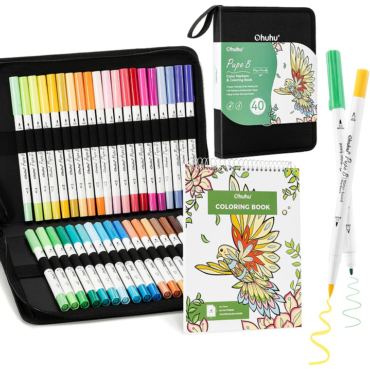 PUPE B 40 Marcadores base Agua + Coloring Book Ohuhu 1