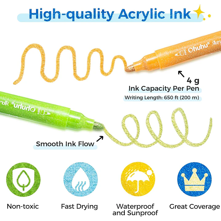 24 Marcadores Glitter Tinta Acrílica Punta Gruesa Ohuhu  4