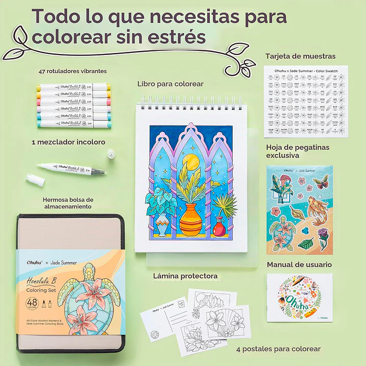 Ohuhu x Jade Summer Coloring Set 48 Marcadores base alcohol +  Coloring Book  6