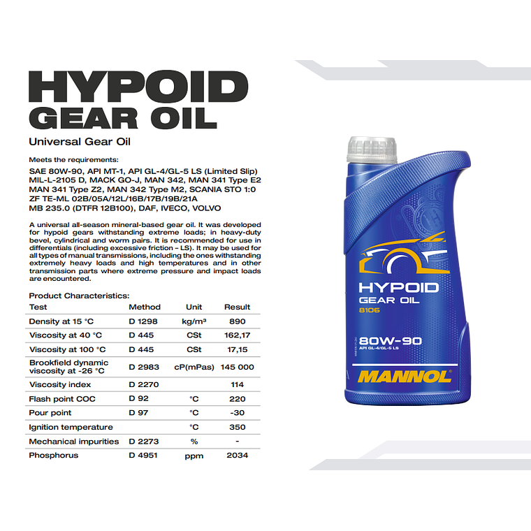 Aceite Transmisión y Diferencial Mannol 80W90 GL4/GL5 1 Litro 2