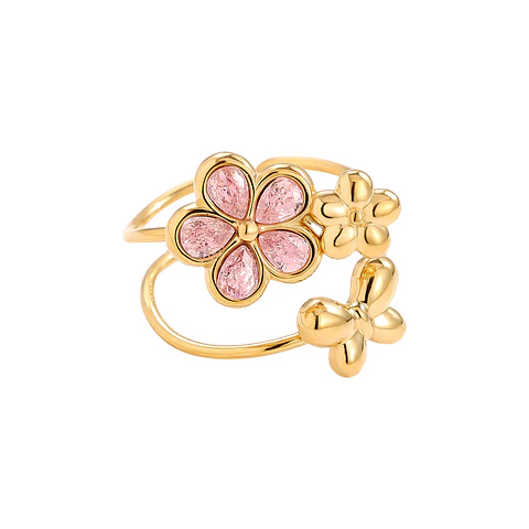 Anel Ajustável Dourado Floral com Borboleta Rosa
