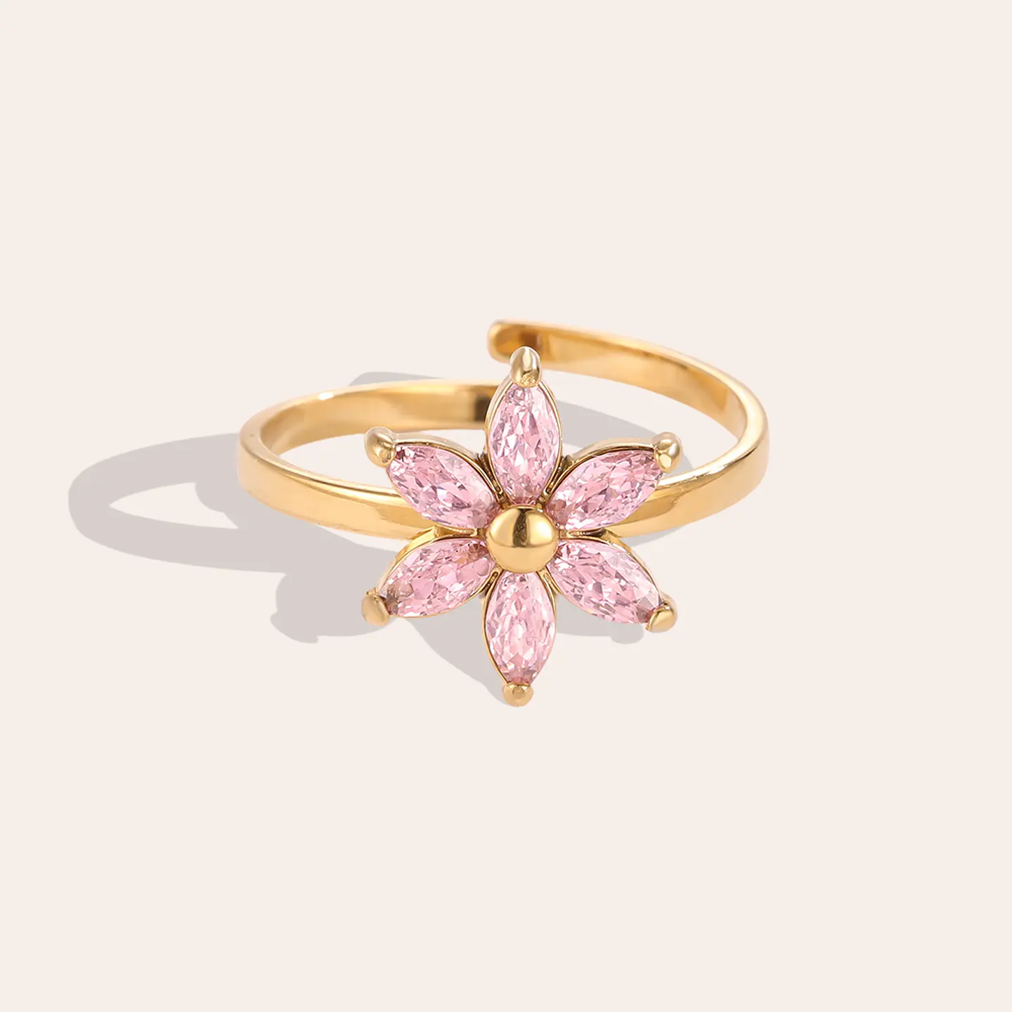 Anel Ajustável Flor Rosa com Zircónia 3