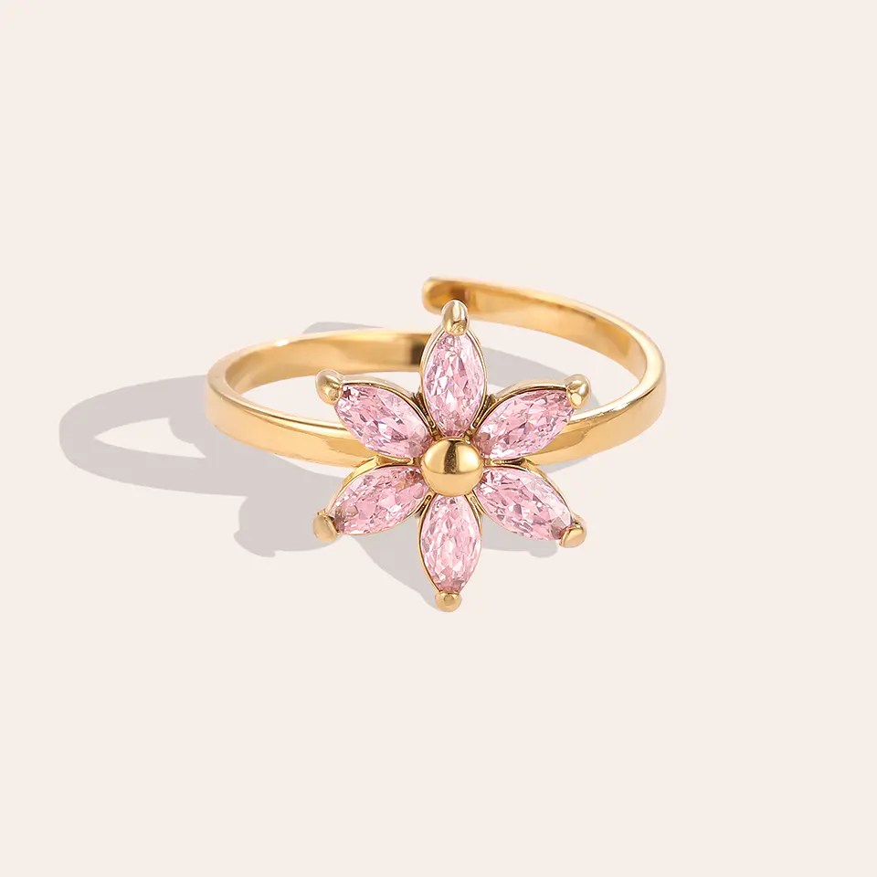 Anel Ajustável Flor Rosa com Zircónia 3