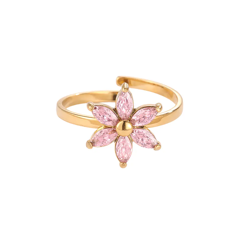Anel Ajustável Flor Rosa com Zircónia 1