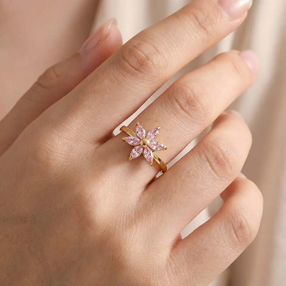 Anel Ajustável Flor Rosa com Zircónia 2
