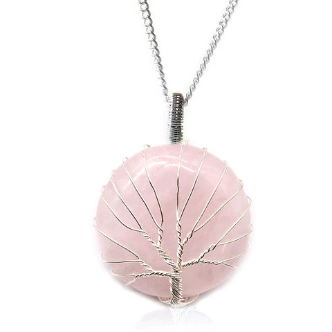 Colar de Pedras Preciosas da Árvore da Vida - Quartzo-Rosa