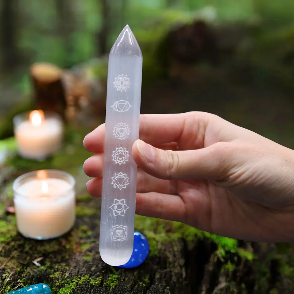 Varinha de Selenite - Ponto de Uma Extremidade - 7 Chakras 16cm 4