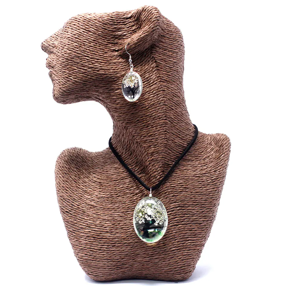 Conjunto Colar + Brincos com Flores Prensadas - Árvore da Vida - Branco 3