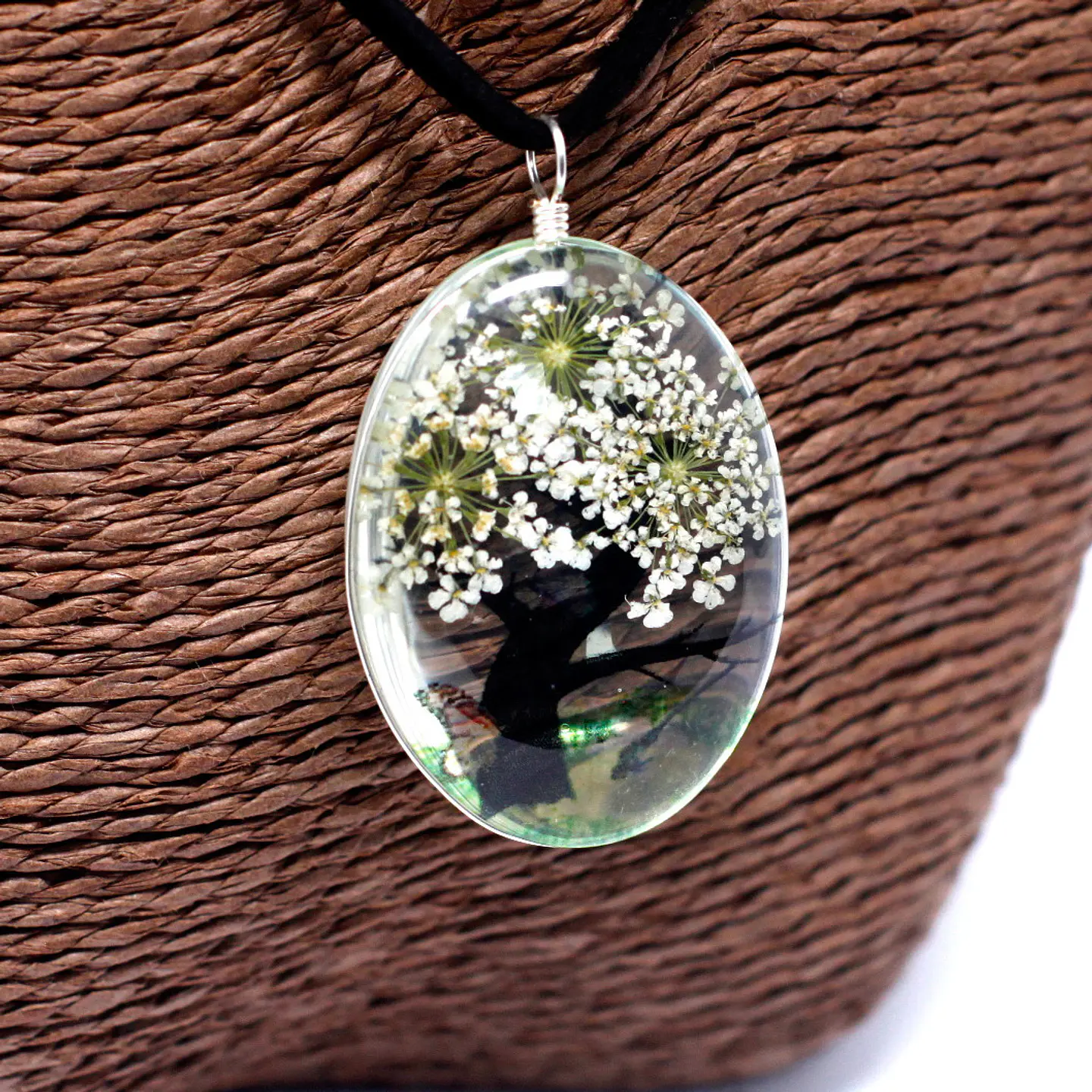 Conjunto Colar + Brincos com Flores Prensadas - Árvore da Vida - Branco 4