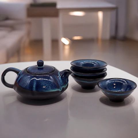Conjunto de Mini-Bule e Quatro Chávenas de Chá de Ervas (12,5x9x6,7cm) - Azul